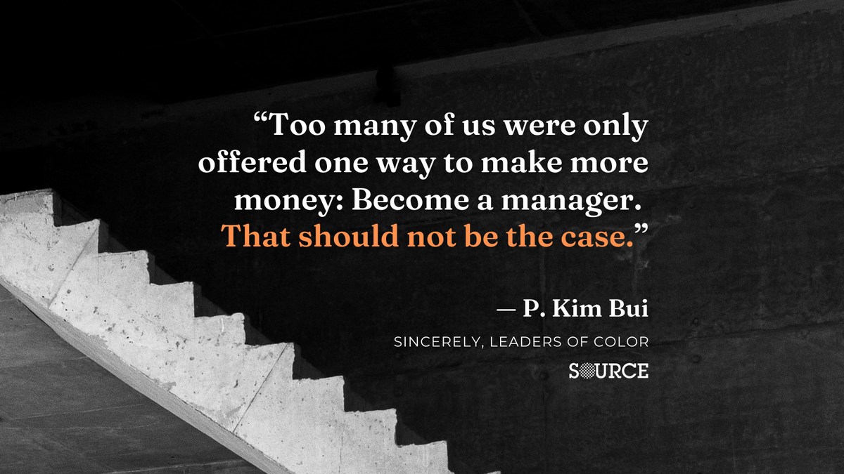 A quote from an SLOC column that reads "Too many of us were offered one way to make more money: become a manager. That should not be the case."